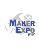 Maker Expo logo with hammer and nails blue and gray
